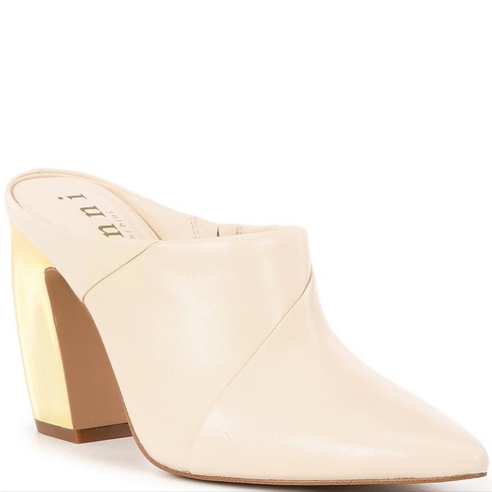 Gianni Bini Donovan Leather Metallic Block Heel Dress Mules - Sweet Cream